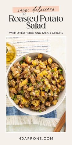 the recipe for roasted potato salad with dried herbs and tangy onions in a white bowl