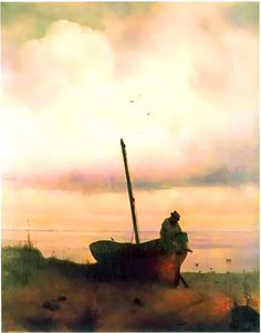 a painting of a man sitting on top of a boat in the sand near water