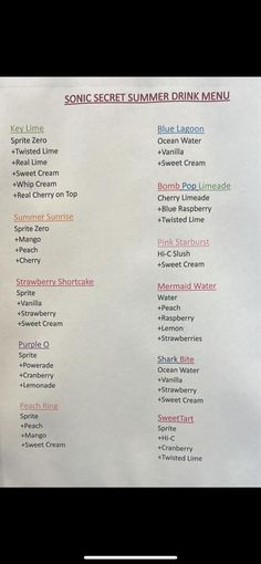 the menu for sonic - secret summer drink menu