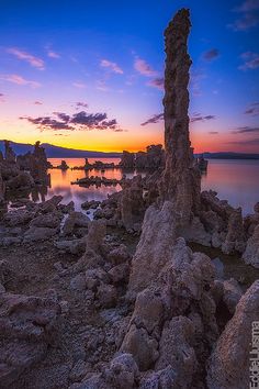 the sun is setting over some rocks in the water and there are many trees growing out of them