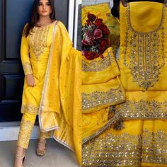 Traditional wear has always held a special place in the hearts of fashion-conscious Indian women. The best part about ethnic wear is its ability to evolve into something unique that will definitely make you stand out on every occasion. Celebrate this wedding season wearing this Yellow Punjabi suit embroidered with Heavy Gota Kundan and stone work . This beautiful suit is lined for comfort and Adorned with georgette Dupatta. Women can buy this Anarkali suit to wear for their upcoming functions, p Yellow Punjabi Suit Party Wear, Dola Silk Churidar With Chikankari Embroidery For Diwali, Diwali Churidar With Chikankari Embroidery In Dola Silk, Dola Silk Straight Kurta With Embroidered Border, Straight Dola Silk Kurta With Embroidered Border, Yellow Embroidered Salwar Kameez With Straight Kurta, Yellow Salwar Kameez With Embroidered Border, Yellow Straight Kurta Salwar Kameez With Embroidered Border, Dola Silk Churidar With Dabka Work