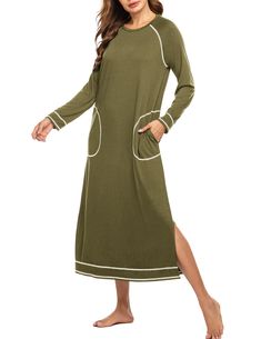 PRICES MAY VARY. COMFORTABLE MATERIALS - Long sleeve nightshirt made of stretchy and skin-friendly fabric, which is breathable and comfortable on the skin. This womens nightgown will give you a comfortable night. UNIQUE DETAILS - Elegant loose casual nightgown design with long sleeve, solid color, and crew neck. Full length sleepshirt hits side vents design and the loose cut that leaves more room for you, looks great on any body type. STYLE DESIGN- Ekouaer sleepwear dress featuring contrasting piping along cuffs, collar and pocket hem, that add unique decor on nightgown, making your sleepwear more alluring. You'll also enjoy the convenience of the pockets to hold your smartphone, keys, or other necessities. LEISURE TIME - The Long Robe Nightgown is elegantly oversized, relaxed fit is never Long Robe Nightgowns, Body Type Style, Womens Nightgown, Long Sleeve Nightgown, Sleeping Gown, Sleepwear Dress, Pajama Dress, Women's Nightgowns, Nightgowns For Women