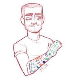 a drawing of a man with his arm wrapped around the wrist and holding something in one hand