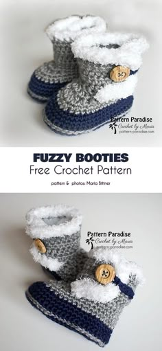 crochet pattern for fuzzy booties with buttons on the front and back side