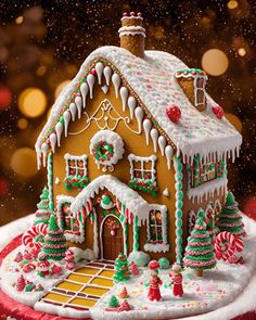 a gingerbread house is decorated with icing and candy canes for the holiday season