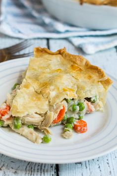 a piece of chicken pot pie on a white plate