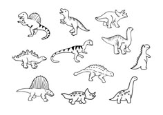 a set of cartoon dinosaurs with different shapes and sizes, all in black and white