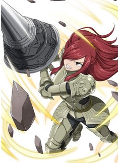 an anime character with red hair and armor is holding a large object in her hand