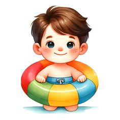 a little boy sitting on an inflatable pool float with his hands behind his back