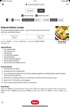 the recipe for baked halibut is displayed on an iphone screen, and it appears to be in english