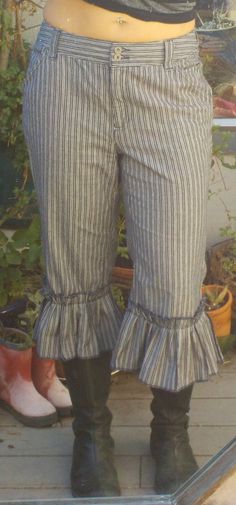 These are up-cycled 'Jones Wear sport" size 10 trousers.Model is ~ 5' 6.5"  when well rested and fluctuates between a US size 8 and 12...varies with makers, stress, and times of month. ;-)  Size:  US 10Brand:  Jones Wear SportMaterial:  100% CottonMade in Gautamala...Up-cycled in Grass Valley, California by a stay at home momma, Aikidoka, and bellydancer! ;-)Thanks for stopping by and let me know if you have any questions. Casual Striped Bottoms With Ruffles, Striped Cotton Bottoms With Ruffles, Upcycled Trousers, Whimsy Fashion, Steam Punk Dress, Circus Chic, Upcycled Pants, Man Wear, Jinx Cosplay