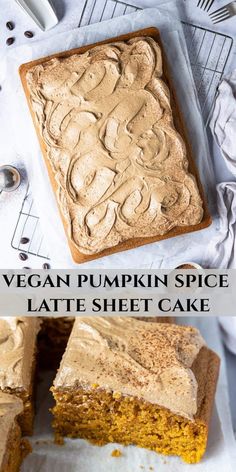 a close up of a cake with frosting on it and the words vegan pumpkin spice latte sheet cake