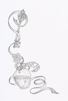 a drawing of a vase with flowers on it and a ribbon tied around the neck