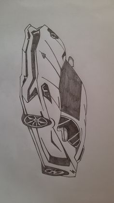 a drawing of a sports car with its hood up and the front end facing forward