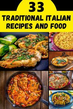 33 traditional italian recipes and food cover with images of various dishes, including pizzas, pasta