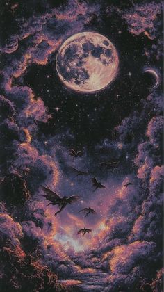 a painting of birds flying in the night sky