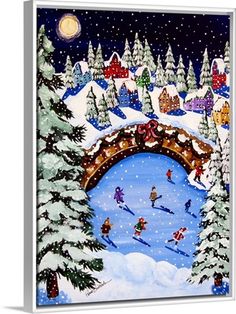 a painting of people skiing in the snow under a bridge with trees on both sides