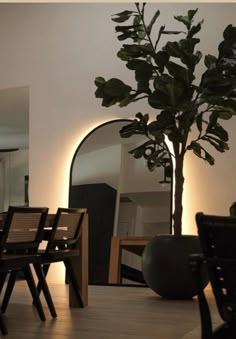 a dining room table with chairs and a potted plant next to it in front of a mirror