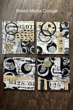 mixed media collages on wood with black and white designs