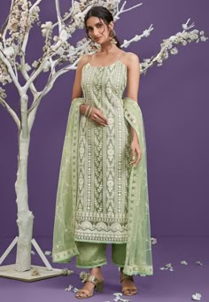 Green Mist Designer Embroidered Party Wear Lucknowi Pant Suit-Saira's Boutique Cotton Thread Embroidery, Suits For Women Indian, Pakistani Suits Online, Pista Green, Casual Indian Fashion, Party Wear Indian Dresses, Dress Indian Style