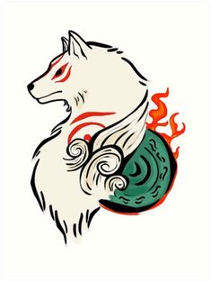 a drawing of a white dog with red and green flames around it's neck