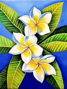 a painting of white and yellow flowers with green leaves on a blue background by anasia art