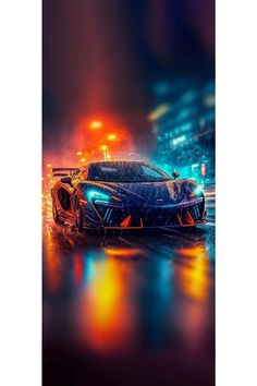 a sports car driving through the rain on a city street at night with bright lights