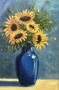 a painting of sunflowers in a blue vase