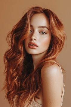 Woman with long, wavy red hair and freckles, gazing into the camera against a beige background. Auburn Copper Hair Color, Auburn Color Hair, Redhead Hair Color, Pretty Redheads, Redhead Hair