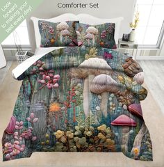 the comforter set is made up of many different types of mushrooms and other things