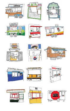 an image of food trucks drawn by hand with colored pencils and ink on paper