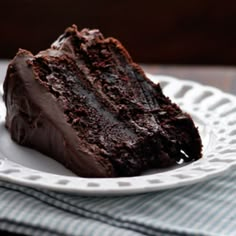 a piece of chocolate cake on a white plate