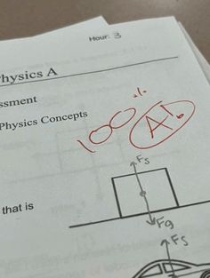 a piece of paper with some writing on it that says physics a, and an image of a car