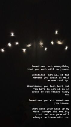 a poem written in the dark with string lights strung from it's sides and an image of birds flying overhead