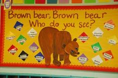 a brown bear is standing in front of a yellow sign that says, brown bear, brown bear who do you see?