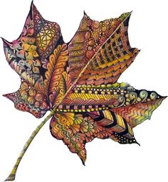 a drawing of a colorful leaf with intricate designs on it's leaves are brown, orange and yellow