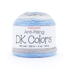 a ball of blue and gray yarn on a white background with the words,'dk colors '