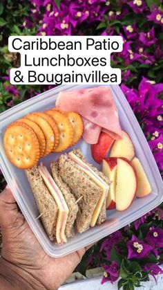 a person holding a plastic container filled with sandwiches and crackers next to purple flowers