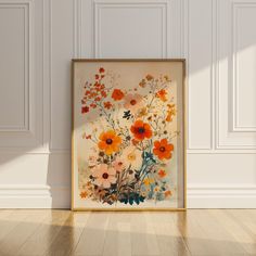 an image of a painting with flowers in it on the wall next to a wooden floor