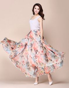 90 Colors Pink Flowers Chiffon Skirt Long Maxi Sundress Beachdress Holiday Dress Women Summer Pleat Breezy Maxi Skirt For Summer, Chic Summer A-line Maxi Skirt, Flowy Summer Casual Chiffon Dress, Summer Casual Flowy Chiffon Dress, Casual Chiffon Dress For Summer, Casual Summer Flowy Chiffon Dress, Breezy Summer Maxi Skirt With Lined Skirt, Spring Beach Maxi Dress With Lined Skirt, Summer Lined Skirt Maxi Dress