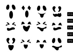 a set of black and white faces with different facial expressions, including eyes, lips, mouths