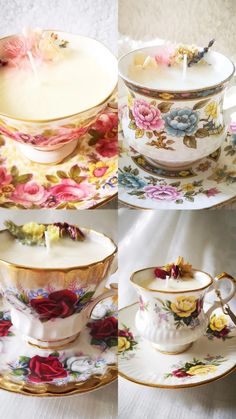 tea cups and saucers with candles on them