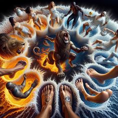 an image of people with their feet in the air surrounded by fire and water, as well as lions