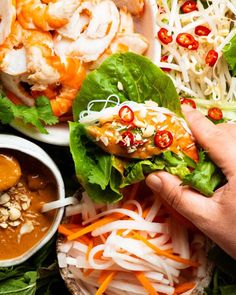 a person holding a sandwich with lettuce, carrots and sauce