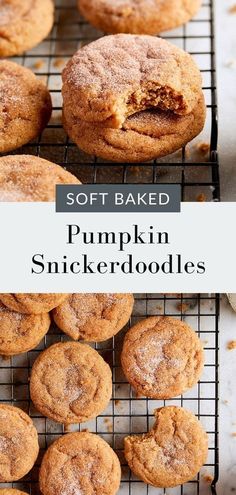 soft baked pumpkin snickkerdoodles on a cooling rack with text overlay