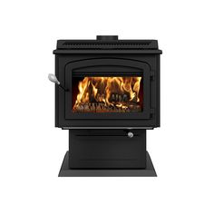 a black stove with flames in it