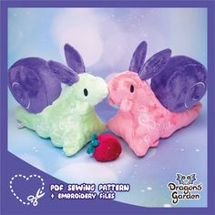 two stuffed animals sitting next to each other on a blue and purple background with bubbles