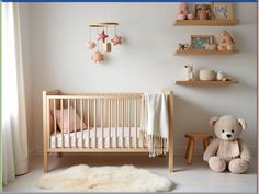 a baby's room with teddy bears and other toys on the shelves, including a crib