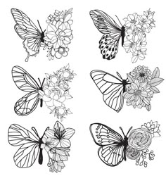 four butterflies with flowers on their wings and one is drawn in black ink, the other has