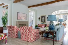 a living room filled with furniture and a fire place in the middle of a room